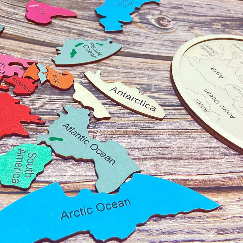 Montessori Wooden Colored World Map Puzzle Toy