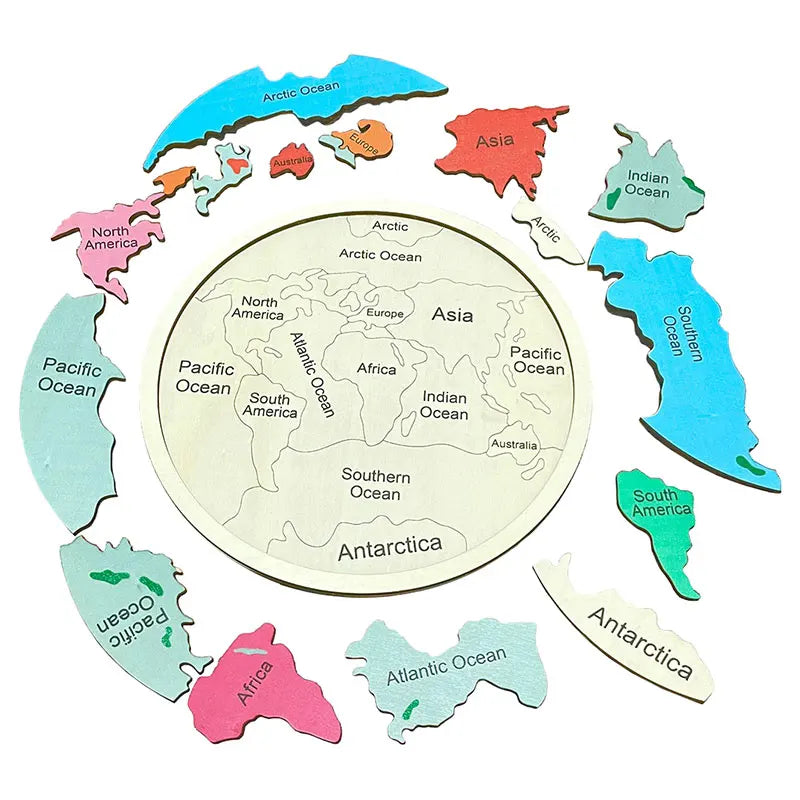 Montessori Wooden Colored World Map Puzzle Toy