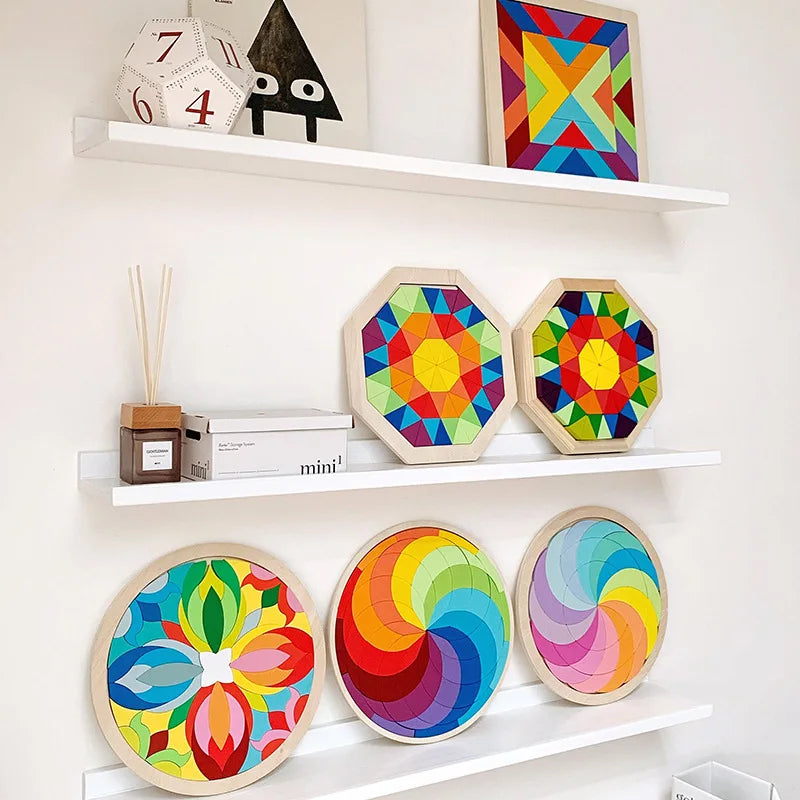 Montessori Wooden Rainbow Jigsaw Puzzle - Creative Geometric Blocks