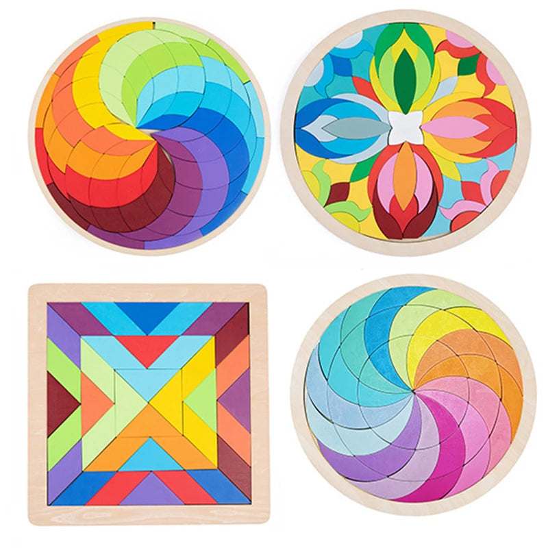 Montessori Rainbow Wooden Puzzle Geometric Blocks