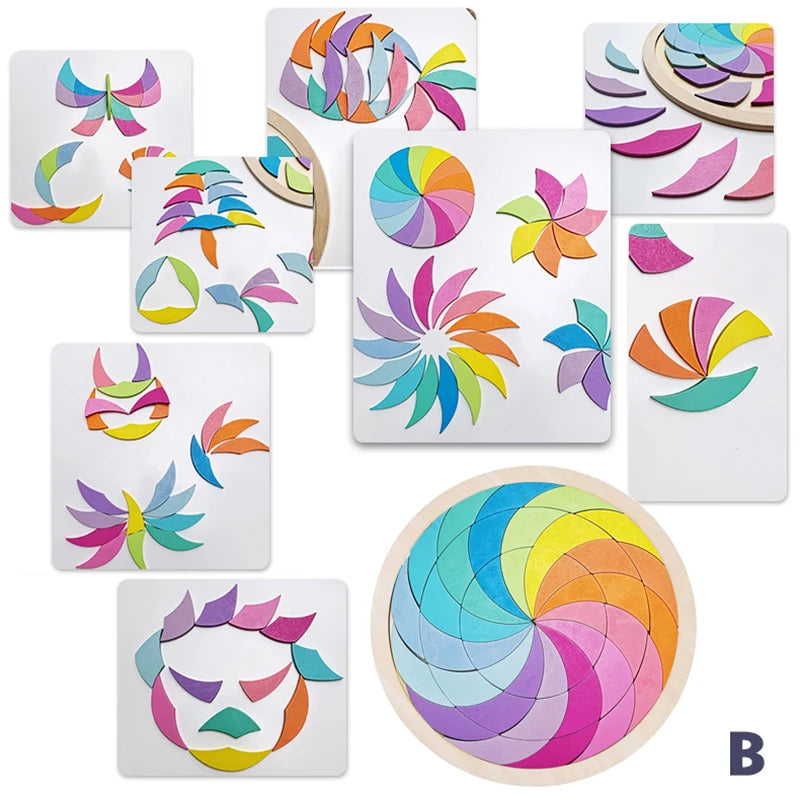 Montessori Wooden Rainbow Jigsaw Puzzle - Creative Geometric Blocks