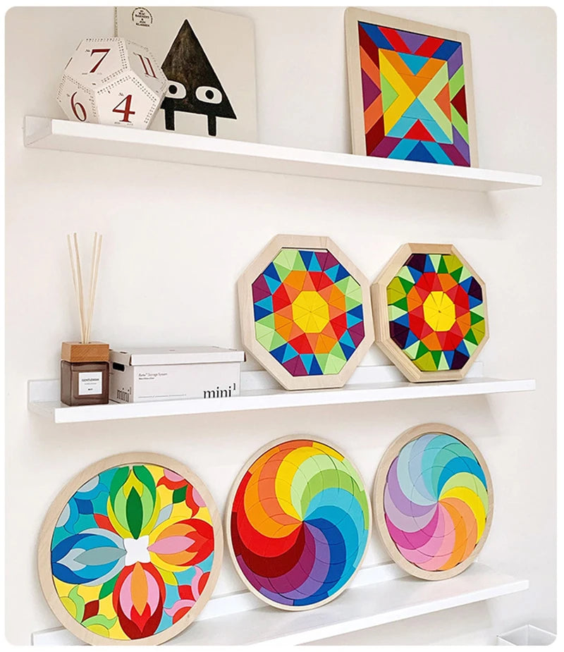Montessori Wooden Rainbow Jigsaw Puzzle - Creative Geometric Blocks