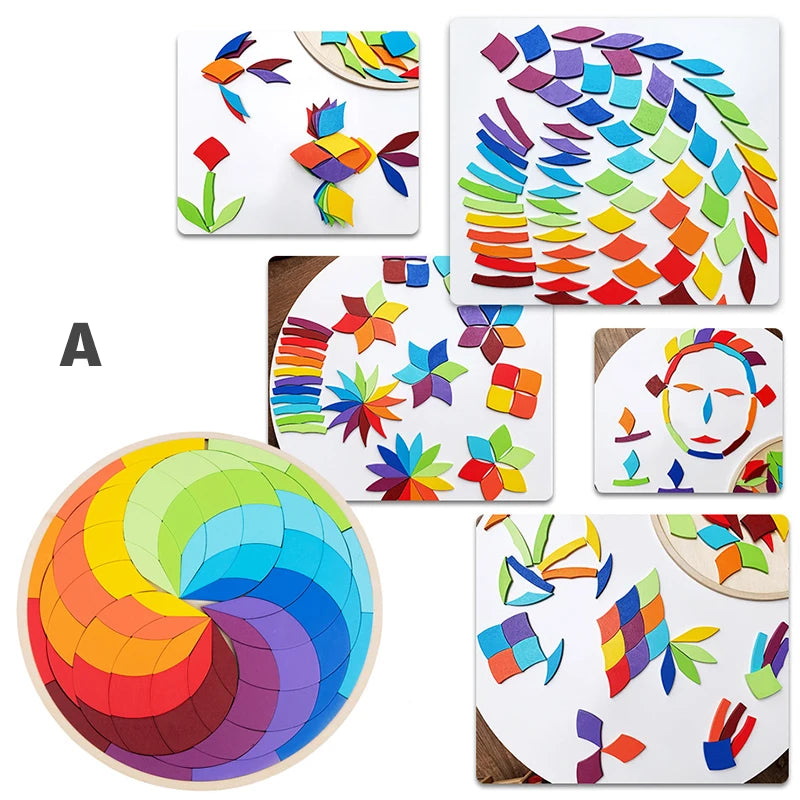 Montessori Rainbow Wooden Puzzle Geometric Blocks