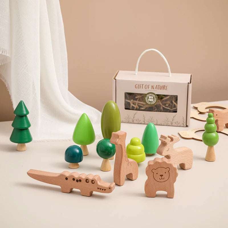 Wooden Forest Tree Building Blocks - Montessori Simulation Green Tree Toy